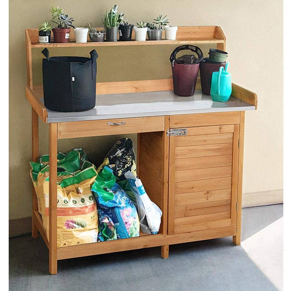 Natural Fir Wood Potting Bench with Galvanized Steel Table Top - Deals Kiosk
