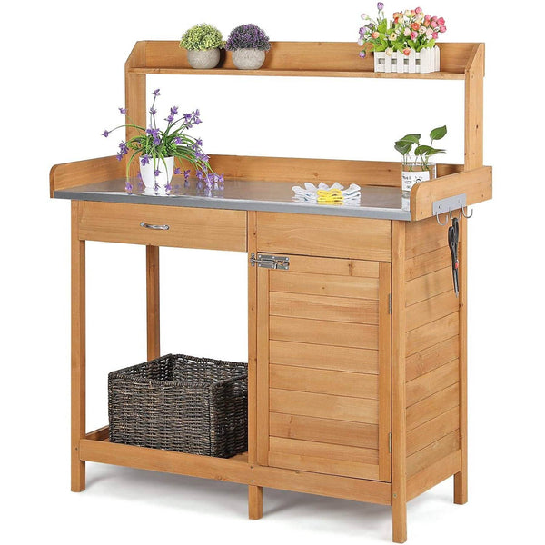 Natural Fir Wood Potting Bench with Galvanized Steel Table Top - Deals Kiosk