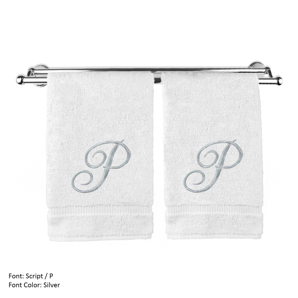 Monogrammed Washcloth Towel, Personalized Gift, 13x13 Inches - Set of 2 - Silver Script Embroidered Towel - Extra Absorbent 100% Turkish Cotton - Soft Terry Finish - Initial P White - Deals Kiosk