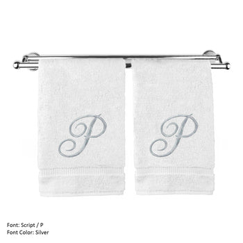 Monogrammed Washcloth Towel, Personalized Gift, 13x13 Inches - Set of 2 - Silver Script Embroidered Towel - Extra Absorbent 100% Turkish Cotton - Soft Terry Finish - Initial P White - Deals Kiosk